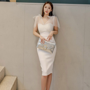 Lady’s temperament V-neck stitching mesh slim mid length buttock dress