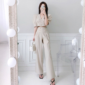 Summer wear Korean V-neck short top with waist closing and slim pants casual suit for women