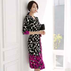 Autumn Korean style V-neck slim lace up waist fashion professional print dress