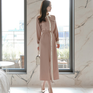 7349 autumn 2020 new Korean style long dress color matching lace up waist single breasted shirt skirt dress