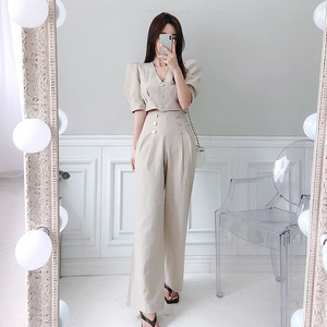Summer wear Korean V-neck short top with waist closing and slim pants casual suit for women