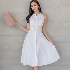 Korean style medium and long style waist closing large swing skirt fashion professional shirt dress