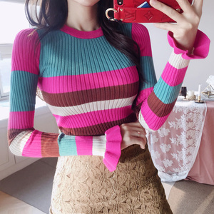 0719 two piece set fall / winter 2020 Korean style slim knit color striped sweater with buttocks and lace skirt set for 