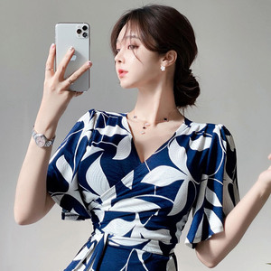 Summer style Korean style V-neck lace up waistband fashion print long dress female