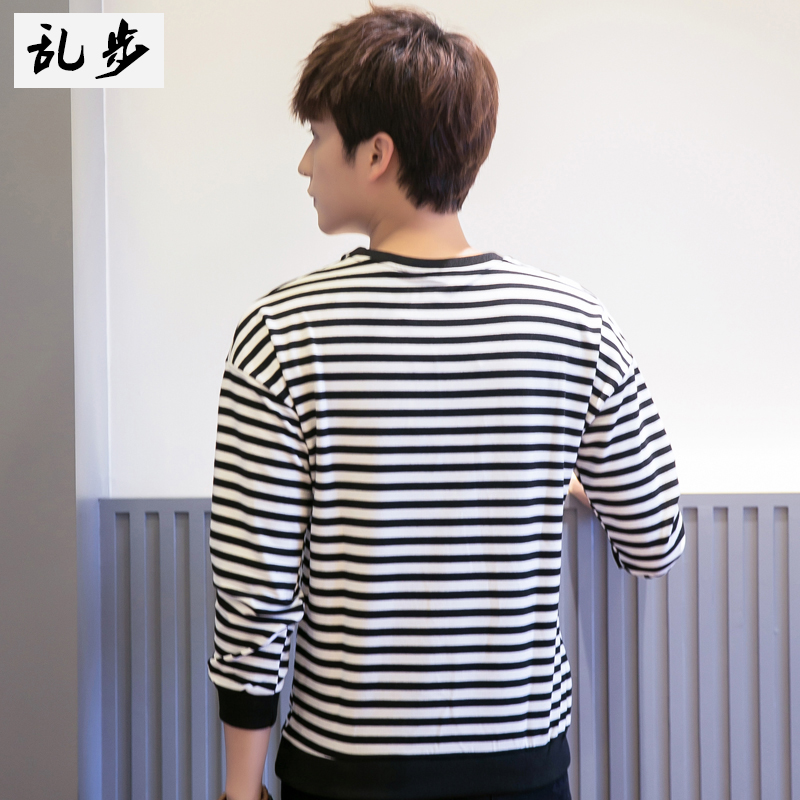 男士长袖t恤青少年学生薄款秋装上衣服潮流黑白色条纹打底衫韩版产品展示图1
