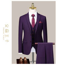 groom suit men's wedding autumn winter British style suit men's slim Korean style purple wedding dress three piece set