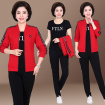 Middle-aged sports suit womens spring and Autumn fashion 2019 new mother sportswear three-piece set of the year of life red tide
