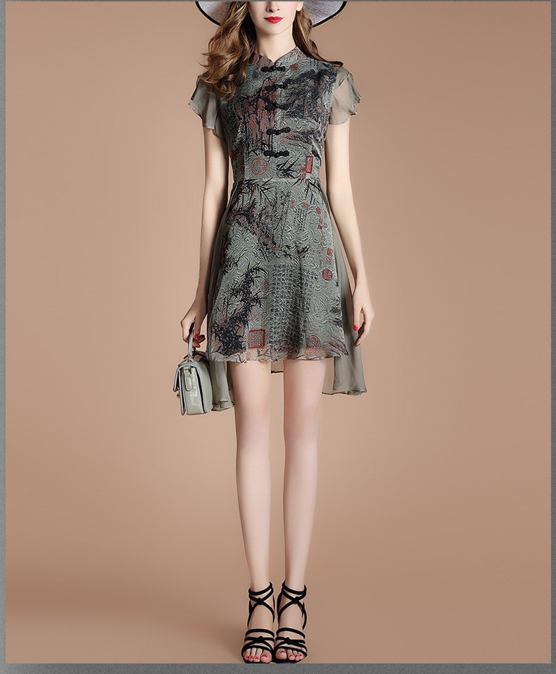 艾格芙2017夏季新款雪纺连衣裙女复古印花旗