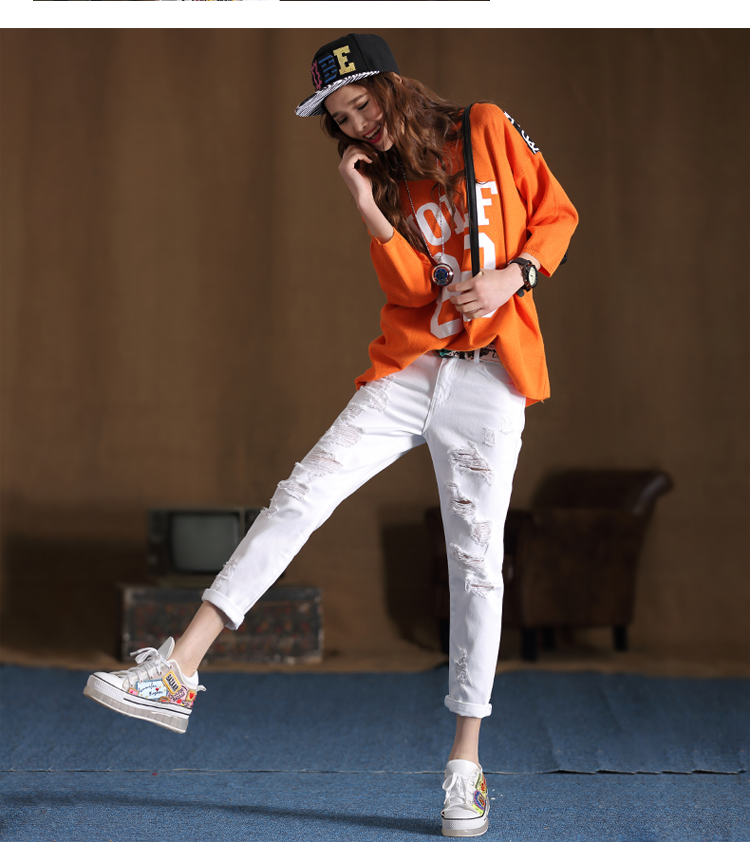 嬉皮少女白色破洞牛仔裤女夏2017新款九分裤