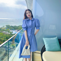 Bubble sleeves dress for the summer 2021 new women dress blue closets design feel small crowd irregular shirt dress