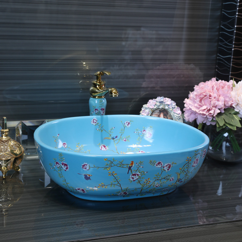 Gold cellnique colored flower stage basin ceramic lavatory oval blue wash basin sink fashion