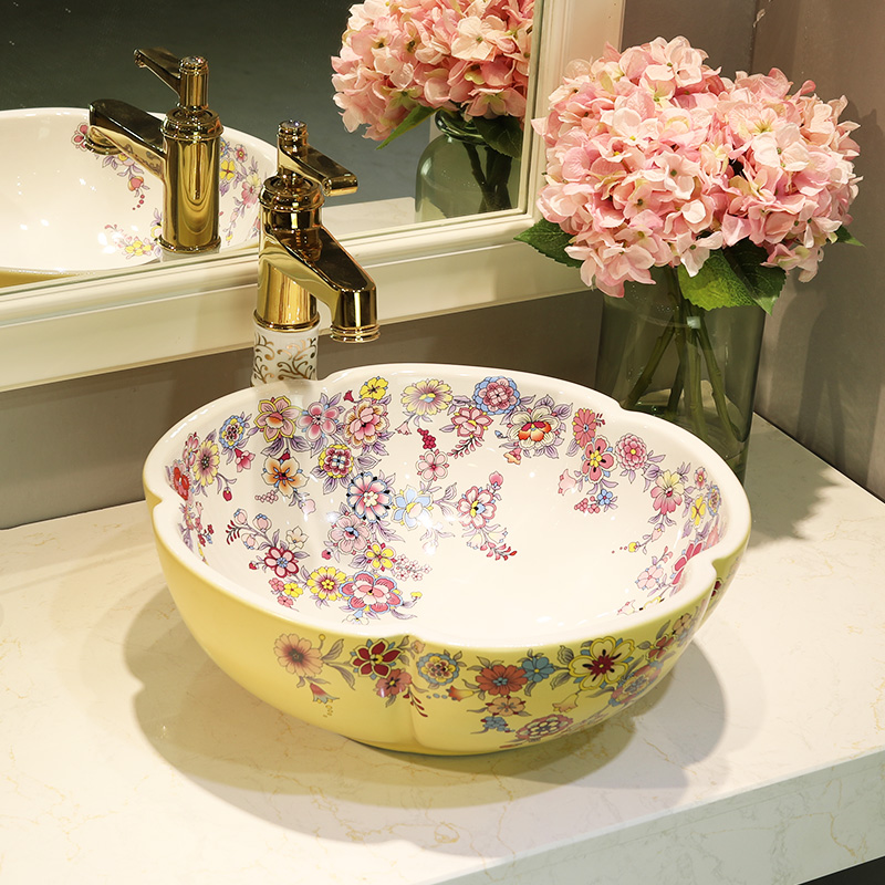 Gold cellnique lavatory jingdezhen ceramic stage basin rounded petals hand plate toilet lavabo art basin