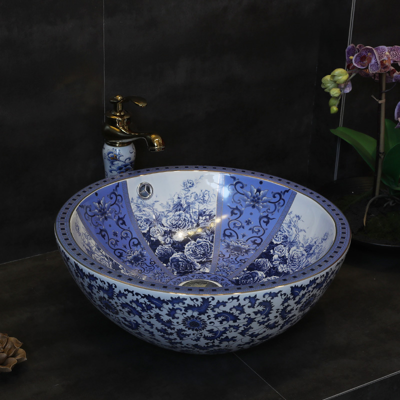 Gold cellnique round sink jingdezhen ceramic face basin stage basin sinks Chinese blue and white art basin