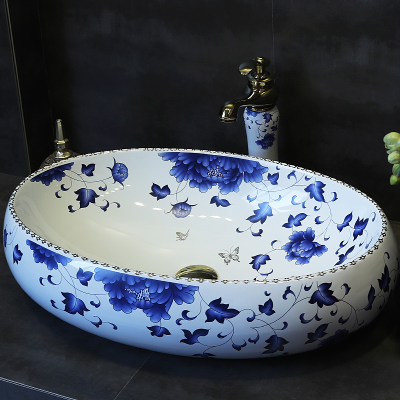 Gold cellnique bathroom sinks blue - and - white lavabo ceramic art basin of Chinese style antique small round sink