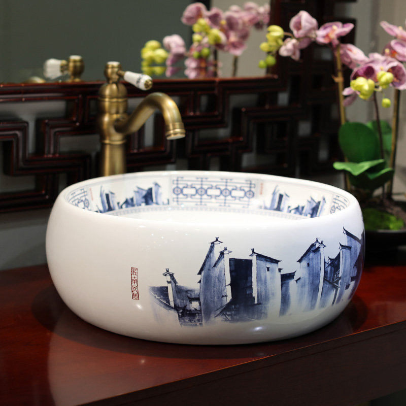 Gold cellnique jingdezhen ceramics on blue and white lavatory basin of Chinese style round sink basin archaize basin