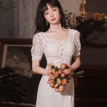 MAJEWUYU French style white superior engagement banquet fish tail gown woman high waist temperament can normally wear spring
