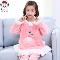 Autumn and winter childrens pajamas girls thickened flannel coral velvet girls middle and large childrens baby home clothes set