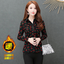 Korean version plus velvet thick printed base shirt 2021 autumn and winter New Korean foreign style small shirt fat mm fashion shirt Women