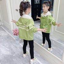 Girls reflective print coat 2021 autumn dress new middle child temperament Joker casual trench coat big girl coat