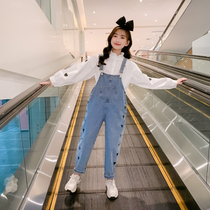 Girls autumn clothes middle-aged childrens foreign style suit loose denim strap love printing two-piece fashion Childrens suit