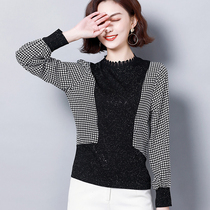 Plaid Lace base shirt Women Spring and Autumn 2021 New Long Sleeve Wear Plus Size Bright Silk Chiffon Knitted Splice Top