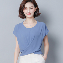 Blue chiffon shirt summer 2021 new short sleeve foreign style pinched waist small shirt Korean cross hem short top women