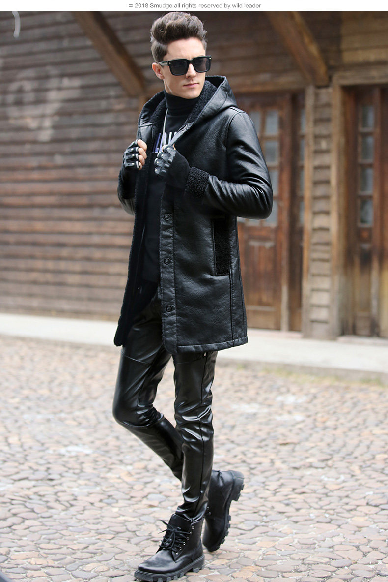 皮衣外套 冬季皮毛一体夹克连帽新款修身加绒中长款皮大衣男_券券哥