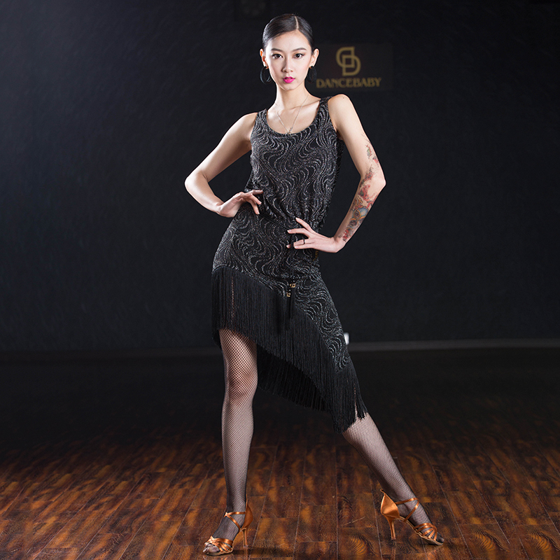 dancebaby拉丁舞裙 成人女 连衣裙练功演出服荡背弧摆