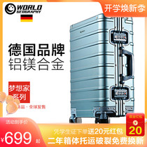 German World Geography All-aluminum magnesium alloy suitcase Mens suitcase Mens suitcase 24 aluminum frame pull bar box 20 inch boarding