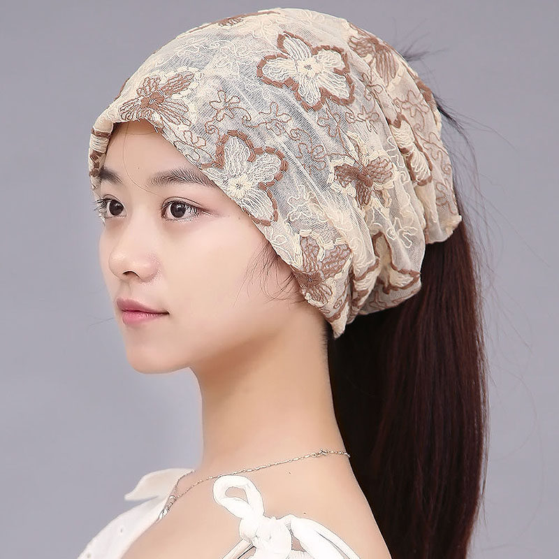 韩版女帽夏天薄款蕾丝头巾帽堆堆套头帽多功能扎马尾帽空调脖套帽