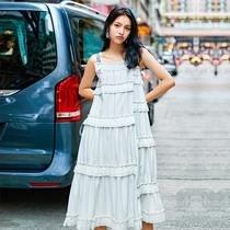 (Words wake up) white cake suspender skirt female summer one word collar off shoulder shoulder back asymmetric loose long dress