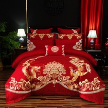 Fu Manyuan cotton wedding six-piece set 100 wedding bedding Newly married Cotton dragon and phoenix happy Big Red