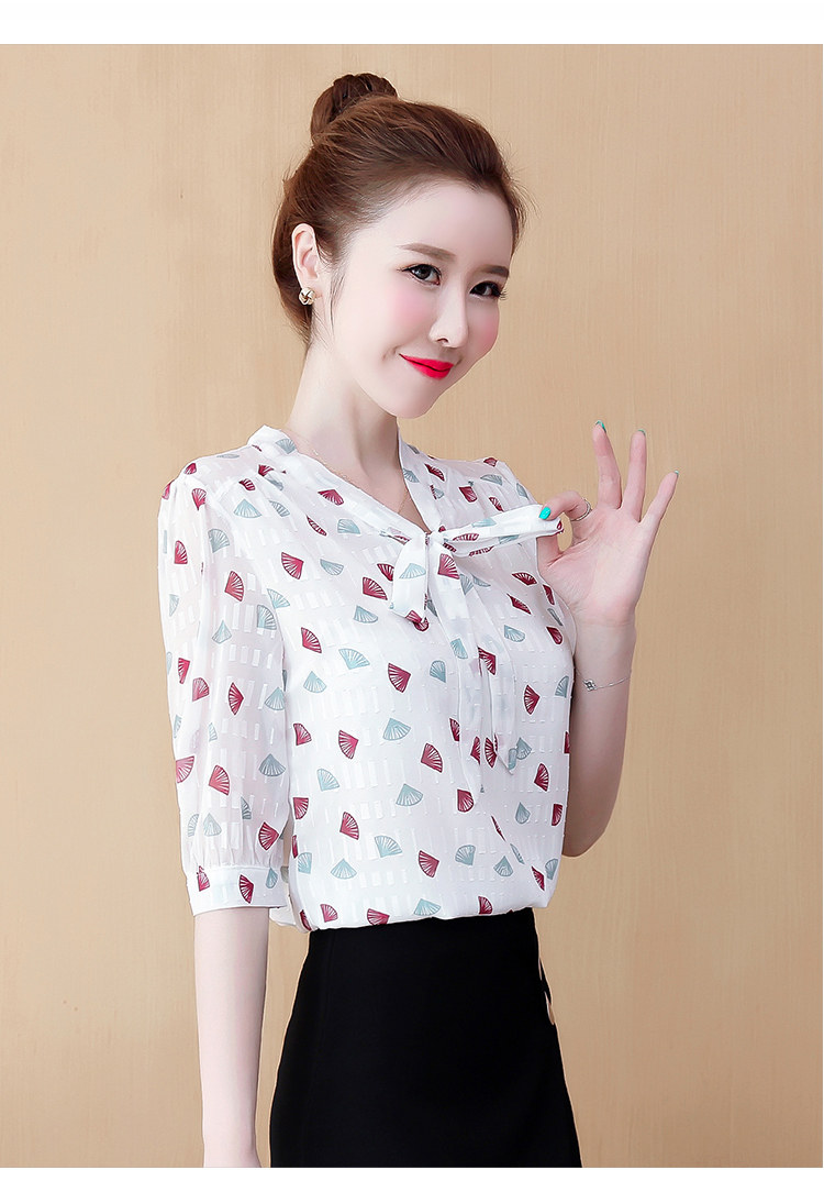 雪纺衫短袖2022夏新款碎花雪纺衬衫女上衣蝴蝶结打底百搭小衫超仙
