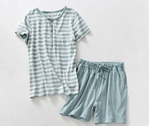 Light Yaju color spinning knitted cotton thin simple striped pajamas home men and women summer two-piece short sleeve