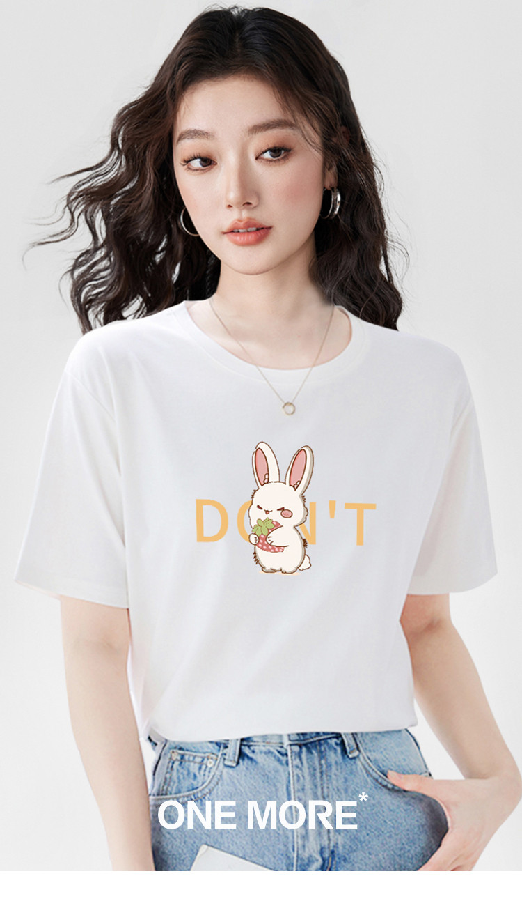 one more白色纯棉t恤护食兔兔愤怒表情印花夏季短袖宽松修身上衣
