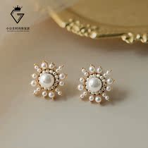 Spring new sun flower natural freshwater pearl exquisite retro earrings female high-end sterling silver gold-plated earrings female