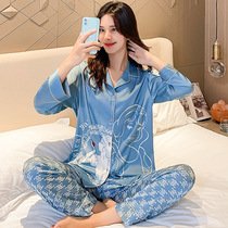 Pajamas womens autumn and winter thin ice silk long sleeve Net red suit 2021 Spring and Autumn new simple silk home clothes summer