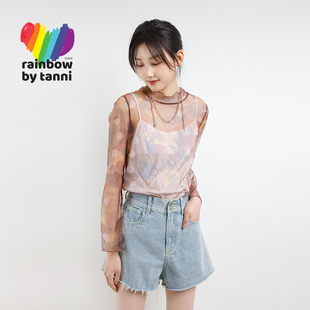 【胡可专属】rainbow印花网纱打底衫百搭上衣女TJ11BL900A