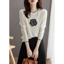 Round neck embroidery early autumn new knitted sweater womens 2021 spring and autumn thin style small fragrant wind top age base cardigan