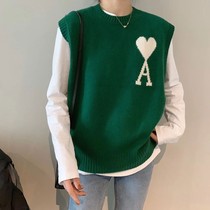 Green Loving Knit Waistcoat Female Loose Vest Round Collar Stack Wearing 100 lap wool Camshoulder short fur coat sleeveless