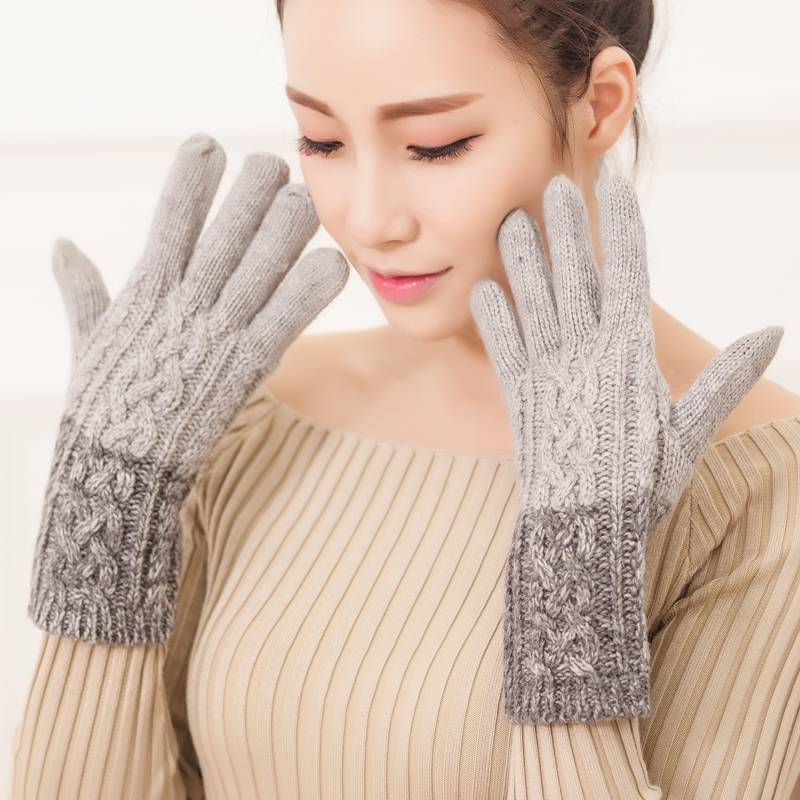 名简触屏手套女冬季保暖羊毛女士长款手臂套韩版针织麻花五指手套产品展示图1