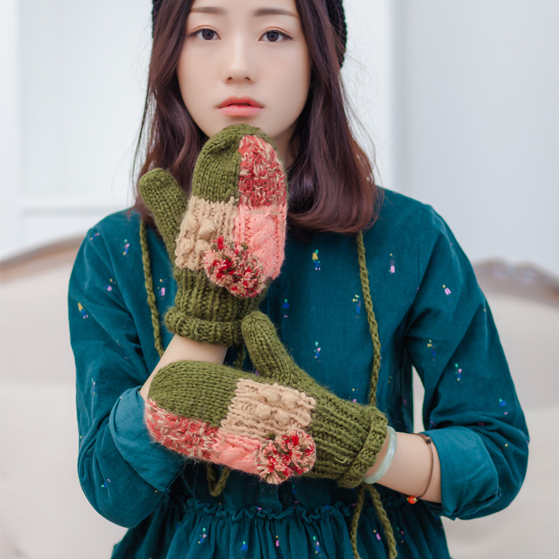 手工扎染复古色女冬可爱韩版学生棉包指加绒保暖挂脖毛线手套产品展示图4