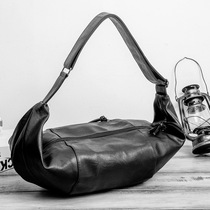 Hong Kong Men Casual 100 Hitch Sport Black Bull Leather Riding Trend Chest Bag Single Shoulder Sloped Satchel Dumplings Bag