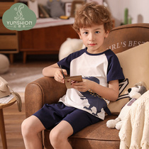Childrens pajamas Summer mens pure cotton short-sleeved cotton summer home clothes Summer boys middle and large childrens thin pajamas boys