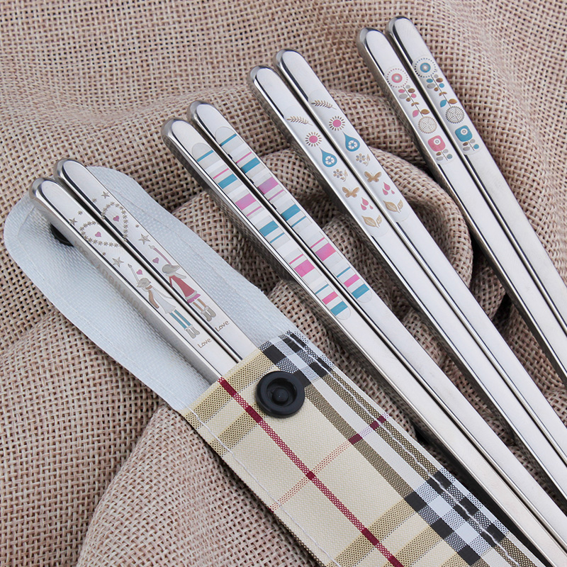 Ward (Korean creative 1 double suit household 304 stainless steel chopsticks pointed picking travel portable tableware