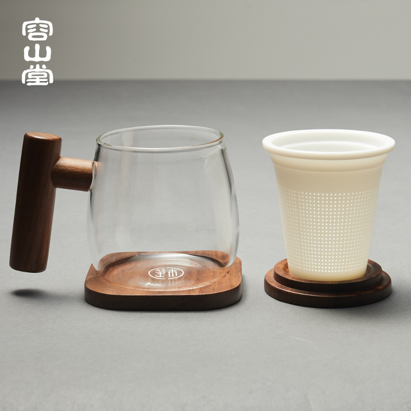 RongShan hall make tea tea glass ceramic separation tank filter with cover keller cup office wood handle