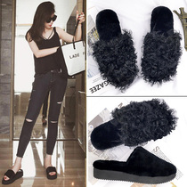 Net red hairy slippers female outside wearing thick bottom half covered head autumn winter gross wool wool heightening fur integrated