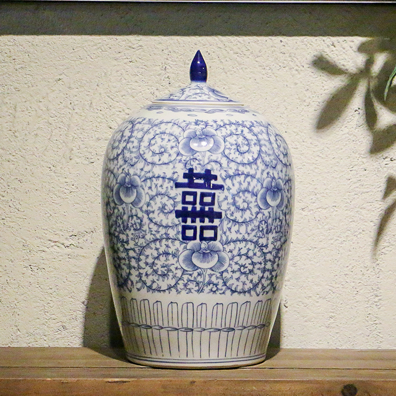 Jingdezhen blue and white idea gourd happy character antique hand - made tank storage tank furnishing articles of Chinese style classical decoration porcelain arts and crafts