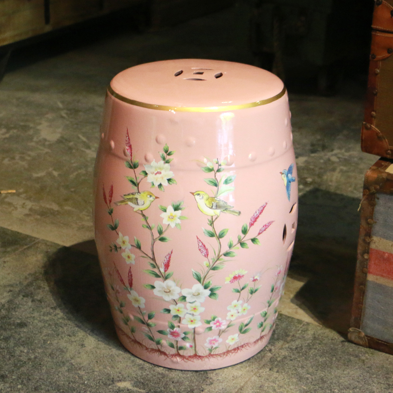 Pink flowers and birds in the geometry space 】 【 ceramic drum who household soft outfit decoration floor furnishing articles of dress rouge birds