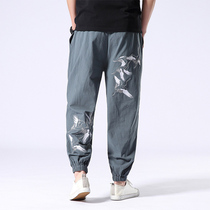 Chinese Style Men's Loose Linen Pants Embroidered Large Size Cotton and Linen Lantern Harlan Pants Spring and Summer Nine-point Bundle Pants Tide